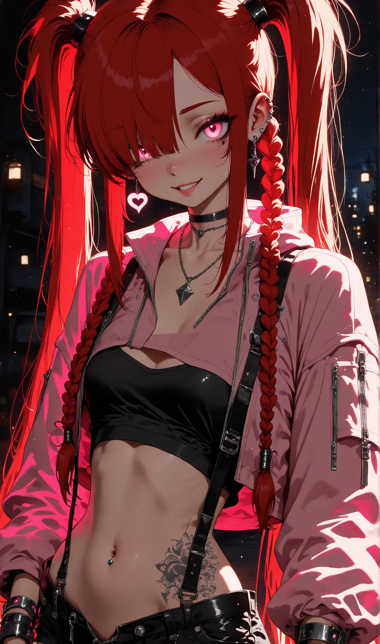 (masterpiece:1.35), (very aesthetic, best quality:1.3), highly detailed, backlit, absurdres, close-up view, detailed shading, solo, bracelets, tattoos, septum piercing, piercings, looking at viewer, parted lips, smile, teeth, adorable, cute, flat_anime sty...