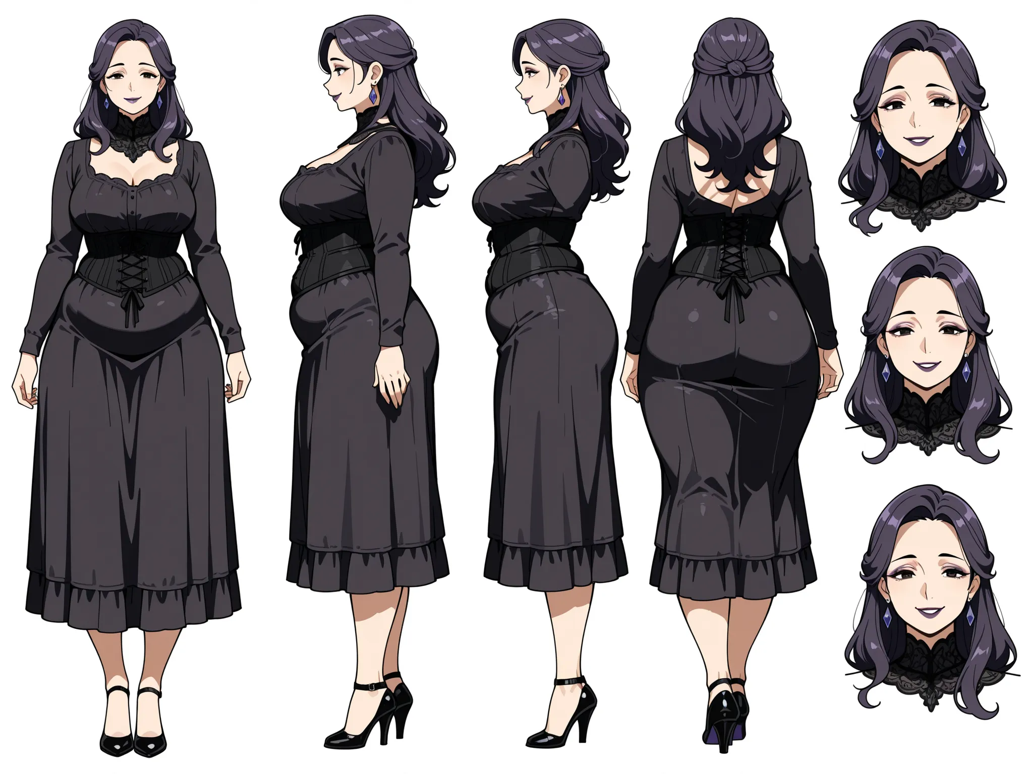 Masterpiece, best quality, character design sheet, ((mature goth woman)), clean lineart, multiple poses, makeup:0.7, loose hairstyle, hazel eyes, long hair, dark purple hair, white background, plump curvy figure, color palette swatches, front view, side vi...