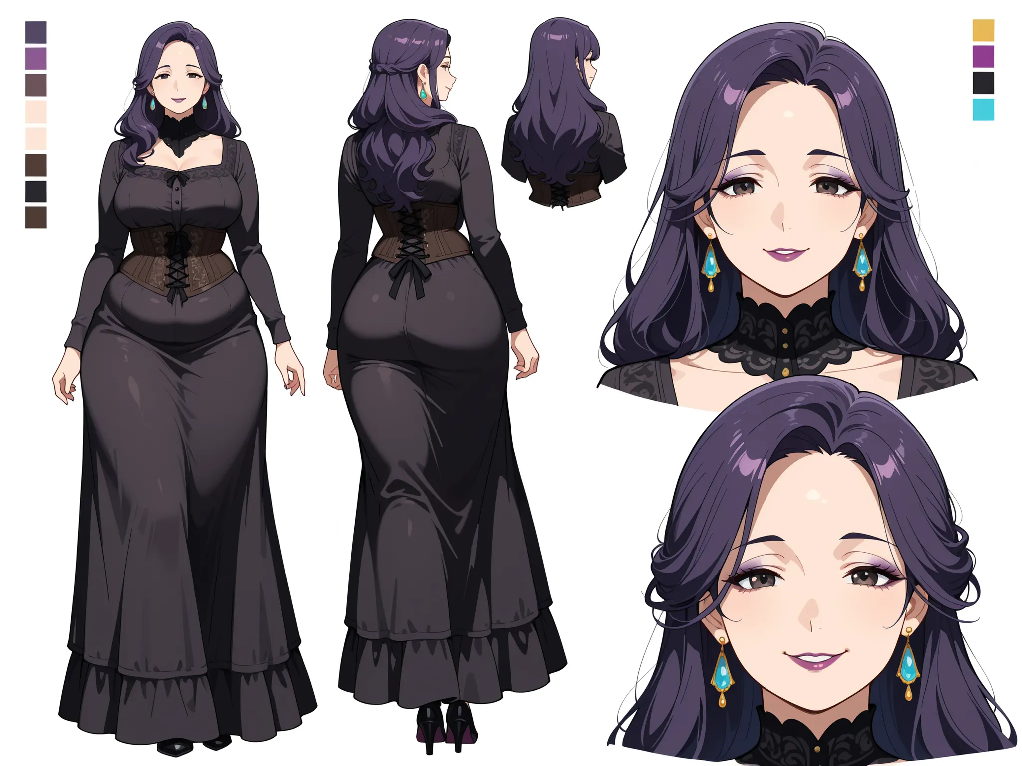 Masterpiece, best quality, character design sheet, ((mature goth woman)), clean lineart, multiple poses, makeup:0.7, loose hairstyle, hazel eyes, long hair, dark violet hair, white background, plump curvy figure, color palette swatches, front view, side vi...
