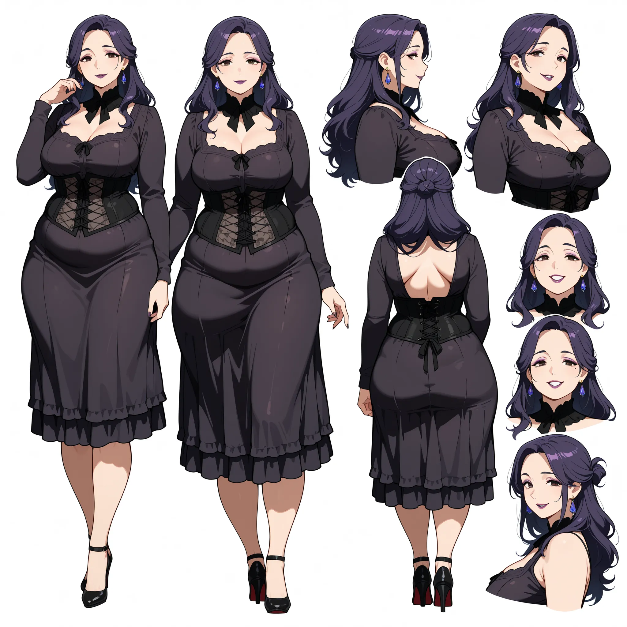 Masterpiece, best quality, character design sheet, ((mature goth woman)), clean lineart, multiple poses, makeup:0.7, loose hairstyle, hazel eyes, long hair, dark violet hair, white background, plump curvy figure, color palette swatches, front view, side vi...