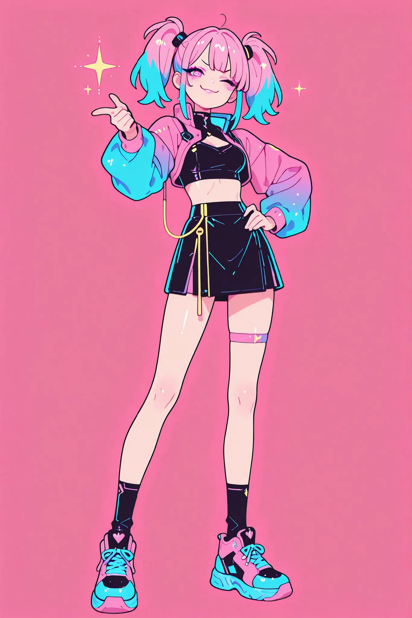 Prompt:
A full-body illustration of a futuristic anime-style girl with a vibrant and cyberpunk aesthetic. She has long neon pink twin tails with blue mesh highlights. Her makeup is bold and stylish, with vivid eyeliner and glossy lips. She wears a shiny, t...