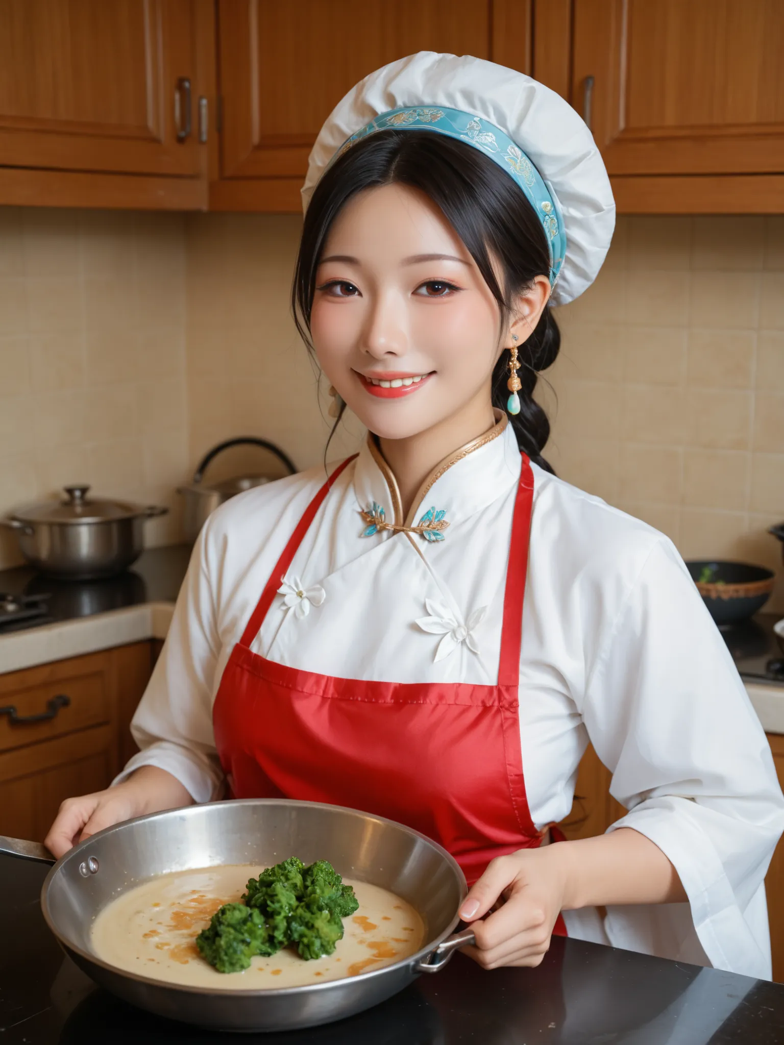 portrait, as pictured, 1 girl, Ancient, Chinese redneck girl,  Cloth Covered ) cooking in the kitchen, Smile Yan 