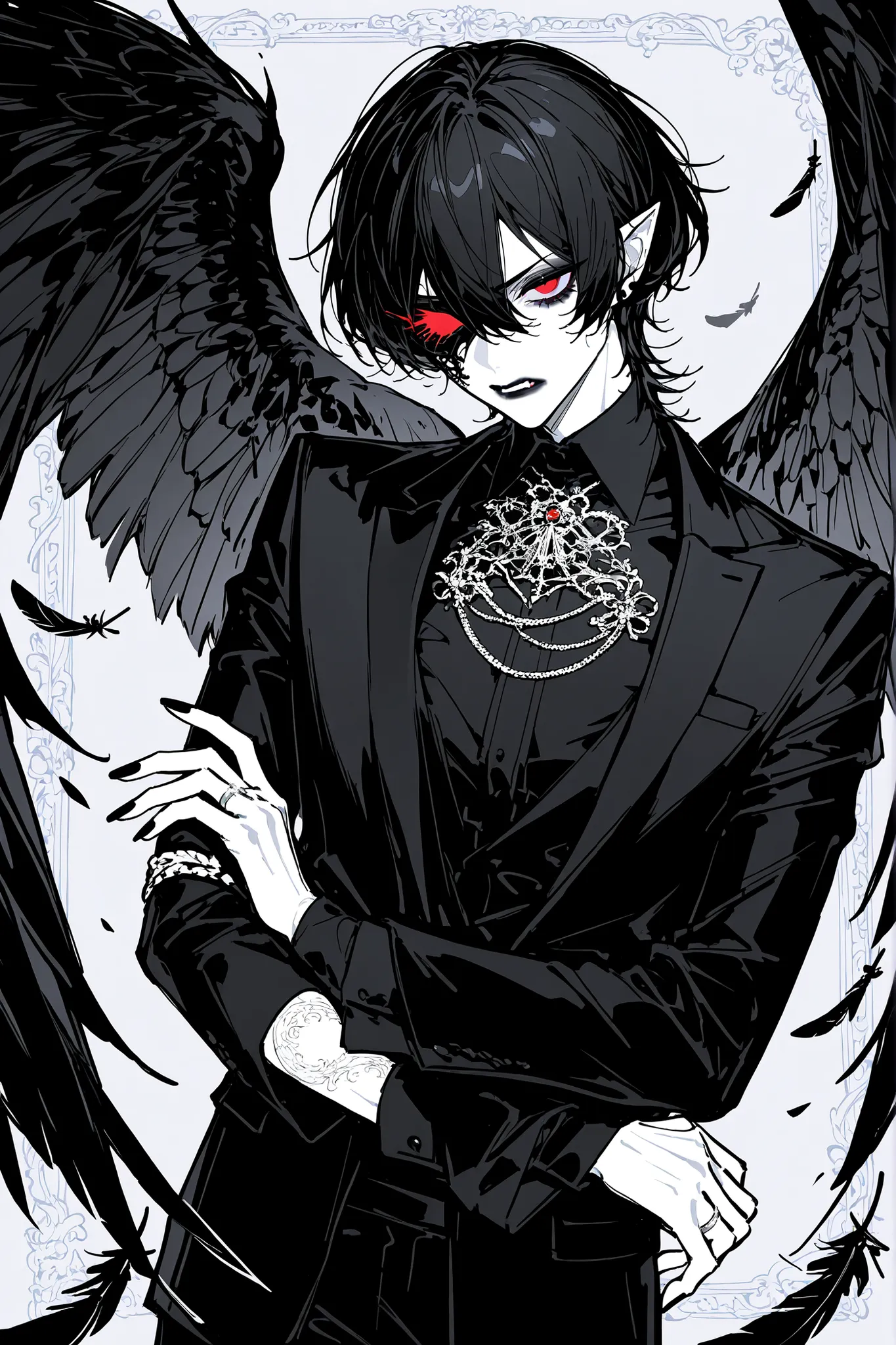 The crow beastman,crow harpy. The tall mighty middle edman broad-shouldered with masculine features. He has white skin. He has dark makeup on his face in the form of a stripe in the eye area.  He has short slicken back jet-black hair,his shortcut hair was ...