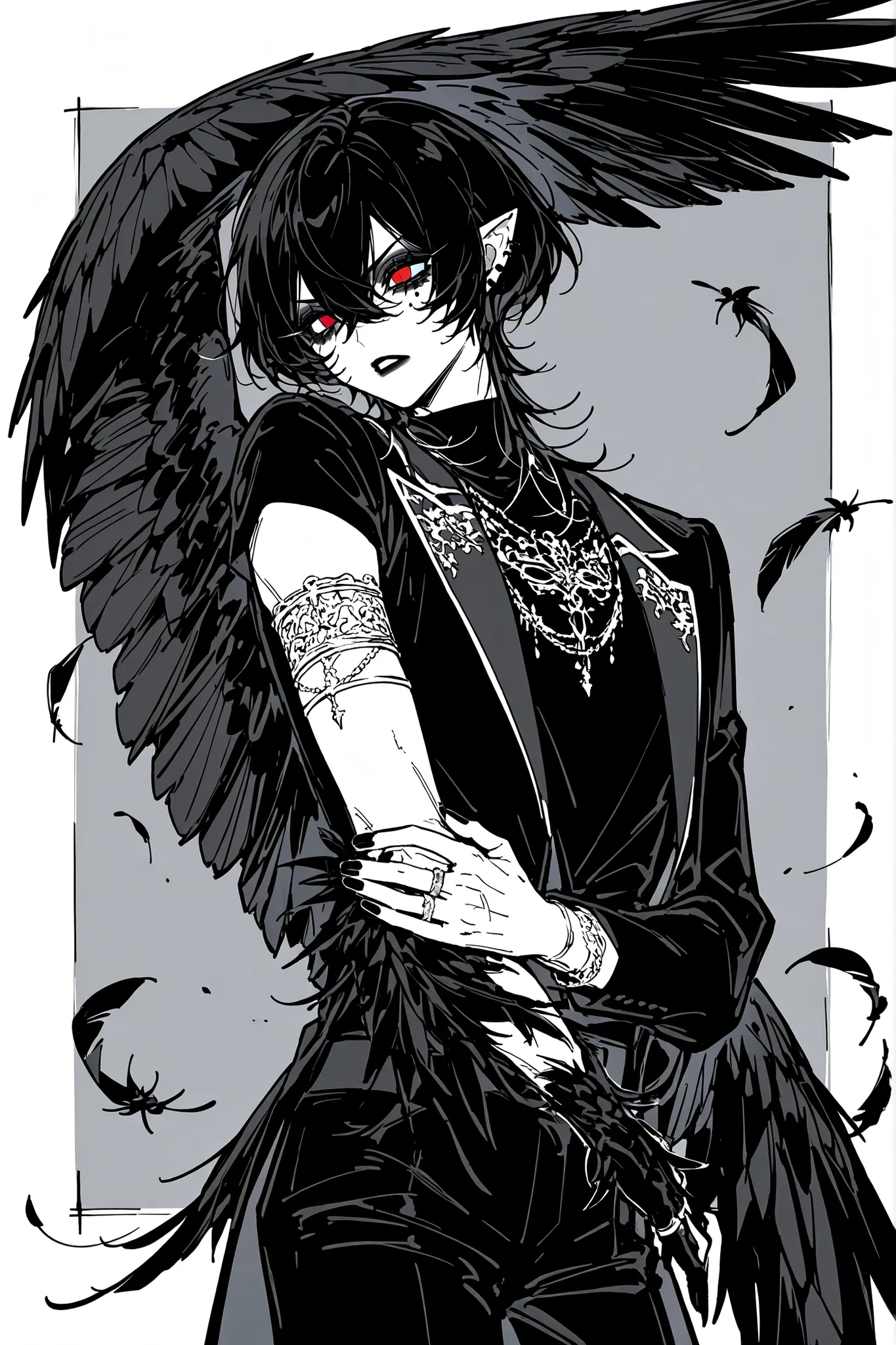 The crow beastman,crow harpy. The tall mighty middle edman broad-shouldered with masculine features. He has white skin. He has dark makeup on his face in the form of a stripe in the eye area.  He has short slicken back jet-black hair,his shortcut hair was ...