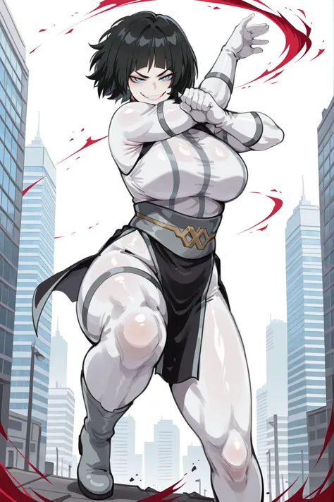 kurenaiz, masterpiece, best quality, amazing quality, very aesthetic, high resolution, ultra-detailed, absurdres, newest, 1girl, solo, black hair, short hair, bob hairstyle, blue eyes, evil smile, viltrumite_bodysuit, white bodysuit, grey trim, loincloth, ...