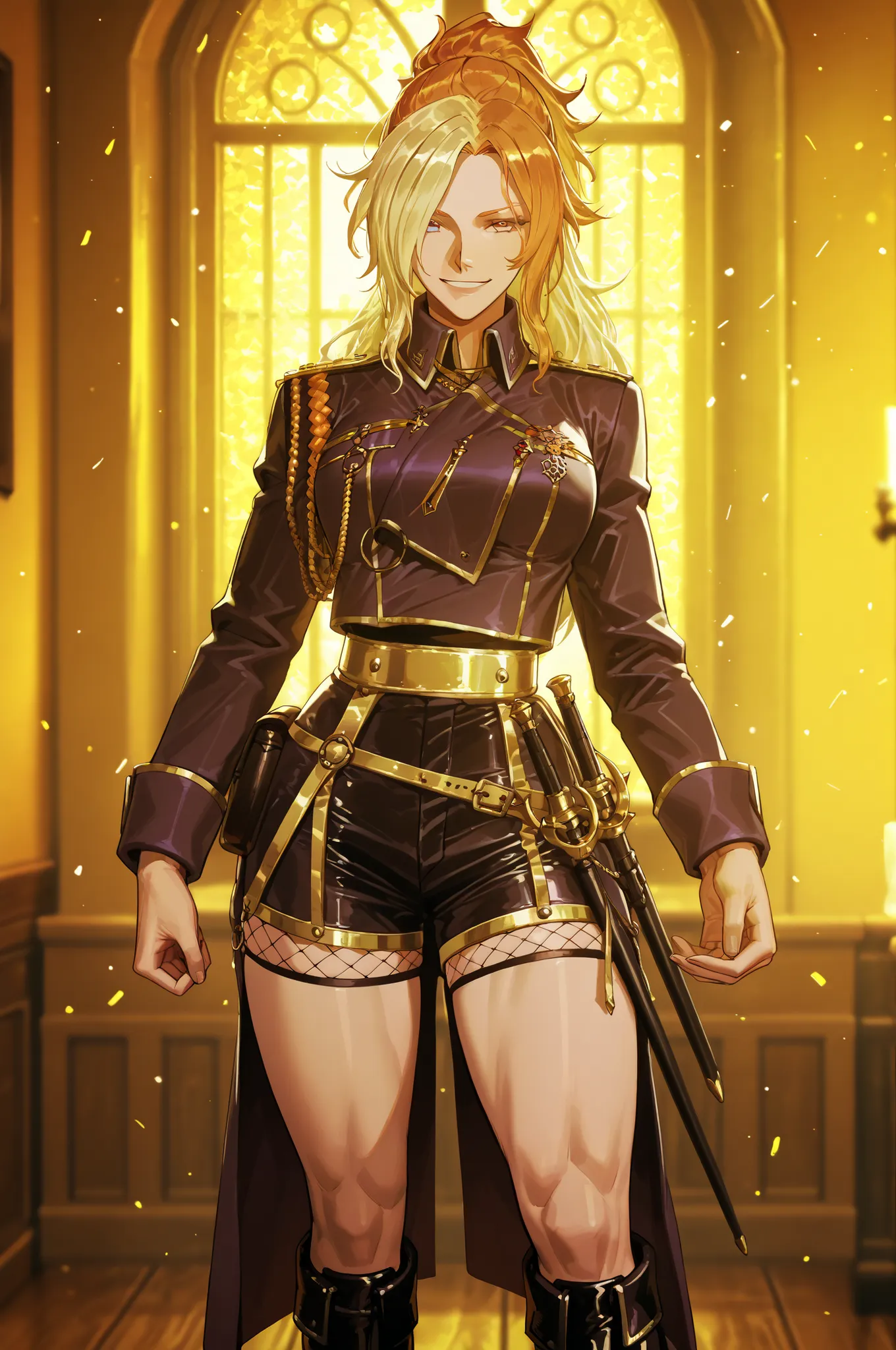 Solo one girl Shokolade, jormugand Shokolade, athletic toned body, ginger hair, wears a sensual uniform, fishnet Shorts long boots giving a fantasy vibe. Straps and belts wrap around the chest and waist, securing a pouch at their side. The chest area of th...