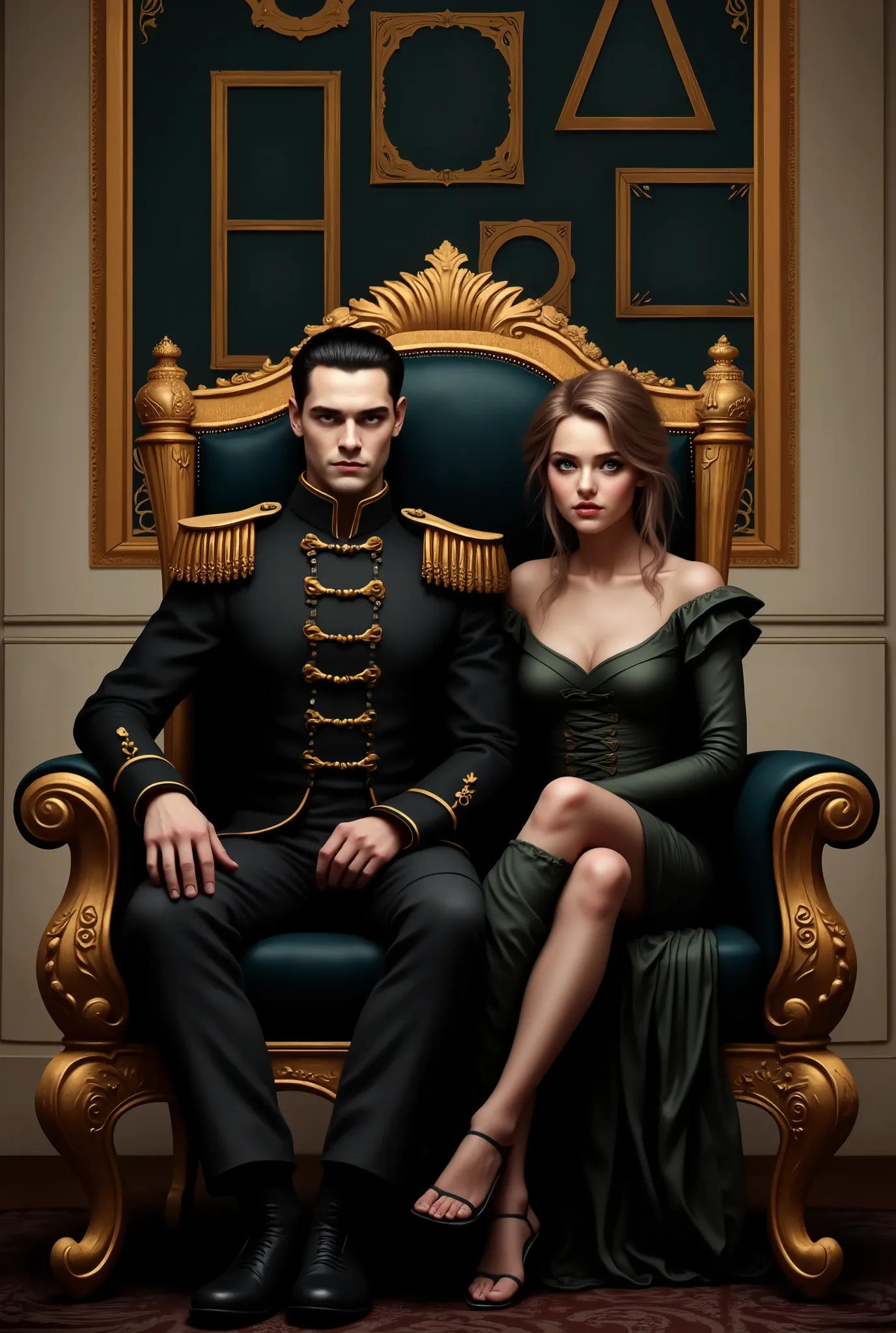 A royal gold armchair with dark red upholstery, highly ornamented in baroque style, positioned in the center of a noble room with elegant walls in light tones and classic gold details. Sitting on The armchair is a serious and noble looking young man, with ...