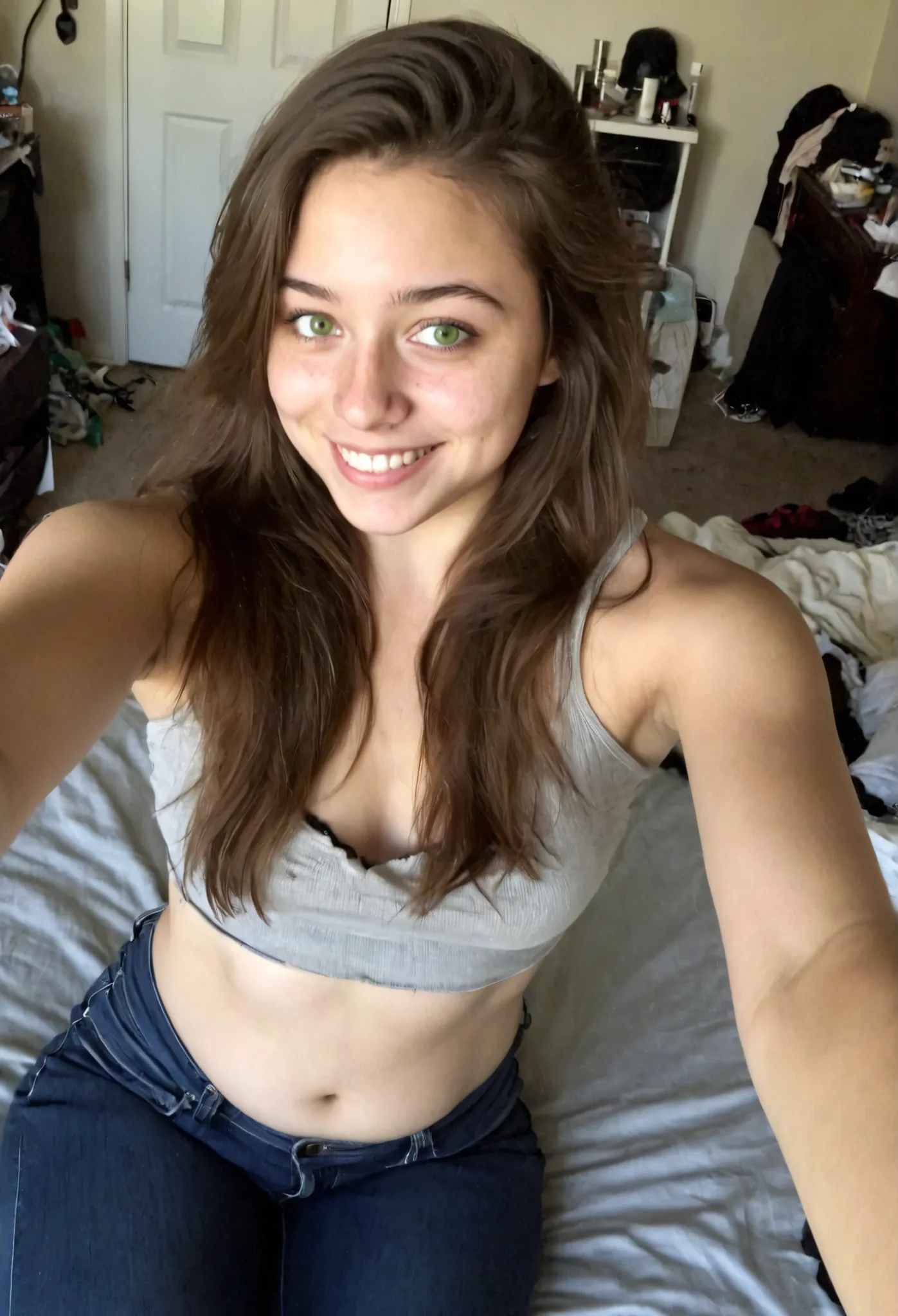 Aria, Authentic share, amateur selfie, A 19 year old girl wearing jeans and a casual top. She is smiling casually, with minimal makeup, in a casual setting like her bedroom. the background shows some personal items, film grain, cinematic filter. she has br...