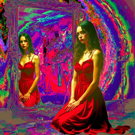 A vibrant and surreal image showcases a figure adorned in an intricate costume. The person is wearing an orange robe with an elaborate lace-like design running along the edges, complemented by a teal belt tied in an ornate knot. The skin has a blue, textur...