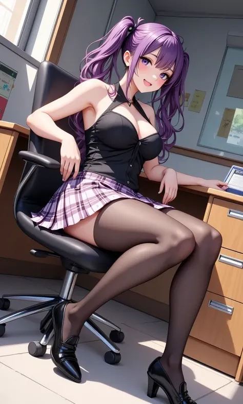  (Masterpiece,  computer, mejor quality,  Clear focus, shadow, Anime style, ultra high resolution, 8K, perfect anatomy, perfect face, (detailed face), (  Detailed eye  ), score_9, score_8_above, score_7_above, score_6_above, score_5_above, score_4_above,  source _animated, Label 1, Label2, quality_Masterpiece, Anatomically correct, beautiful face, perfect face, Beautiful and highly detailed face and eyes, Attractive face, detailed face, Delicate facial features, detailed skin, huge breasts, breast size cup D or DD, wide hips, gigantic butt, thick thighs. looking at the viewer. Anime-style illustration of a beautiful woman with an elegant and sensual look. An attractive and voluptuous young anime woman with marked sensual curves sitting in a swivel office chair with a relaxed and flirtatious attitude. She has long, smooth purple hair with reflections, tied in two partial bows and bangs over one eye. Her expression is cheerful and seductive, changed with a light smile. She wears a fitted black top with a deep neckline Cheongsam style without mangas, pink and white plaid miniskirt, and semi-transparent black tights fastened with a garter belt. She wears black patent leather school shoes. She is in an office illuminated by natural light that enters through a side window; In the background there is a desk, cabinets and a picture on the wall. The scene transmits a mixture of sensuality and everyday environment, with soft lighting and minute details in textures of and leather. 