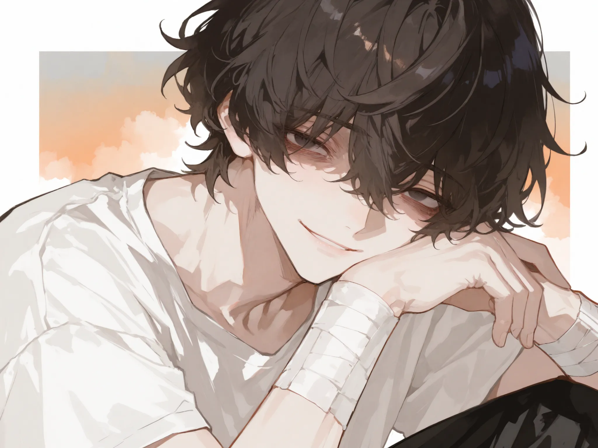 score_9, score_8_consolation, score_7_consolation, solo, watercolor, 1 male, solo , One Man , dark haired , casual mash hair , Curly hair , A faint smile , orange gradient on black eyes , Saggy Eyes , , white clothes , fashionable ,simple ,  arm bandage ,b...