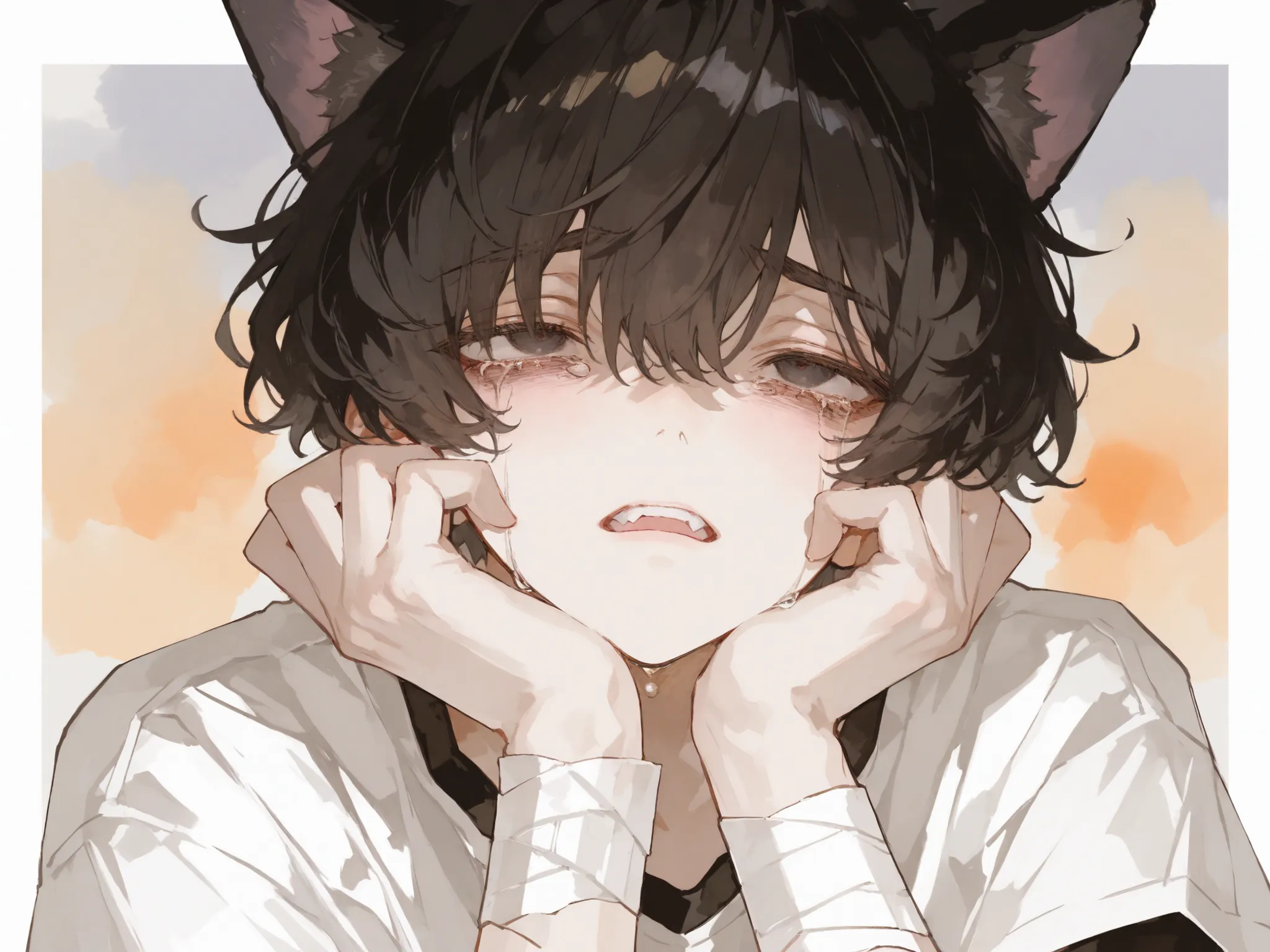 score_9, score_8_consolation, score_7_consolation, solo, watercolor, 1 male, solo , One Man , dark haired , casual mash hair , Curly hair , orange gradation on black eyes , Saggy Eyes , , white clothes , fashionable ,simple ,  arm bandage ,beautiful (maste...
