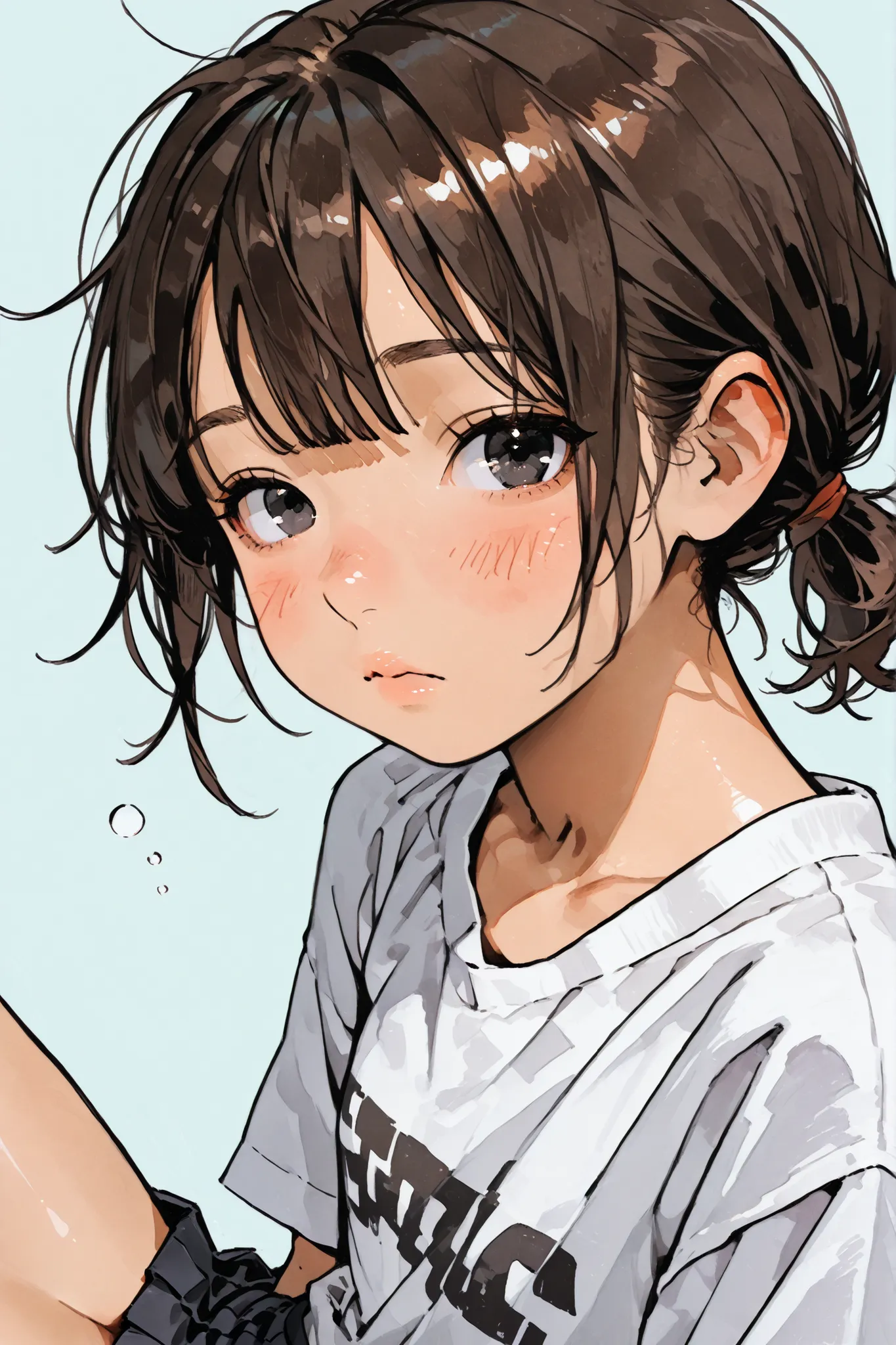 1girl,Super Detailed,absolute resolution,(dynamic angles),(tanned skin:0.3),(portrait),((pinup)),,from side,
sleepy,beside viewer,
white t-shirt,(Uniqlo style t-shirt),((untucked T-shirt)),black pleated miniskirt,Bare Foot,
detailed and beautiful face and ...