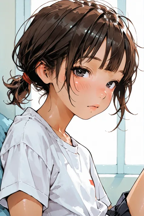 1girl,Super Detailed,absolute resolution,(dynamic angles),(tanned skin:0.3),(portrait),((pinup)),(close-up),from side,
sleepy,beside viewer,
white t-shirt,((untucked T-shirt)),black pleated miniskirt,Bare Foot,
detailed and beautiful face and eyes,black ey...