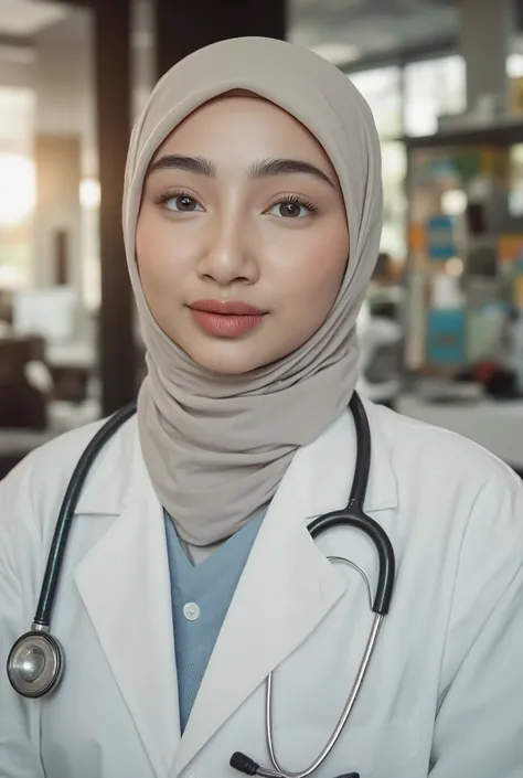 ((Photorealistic beautiful Hijab Nerd indonesian Mature woman)), doctor、stunningly beautiful、doctors white coat, Collared shirt、(top-quality、8K、32K、​masterpiece、nffsw:1.3)、超A high resolution,(Photorealsitic:1.4),Raw photography, Detailed face,,Beautiful hi...