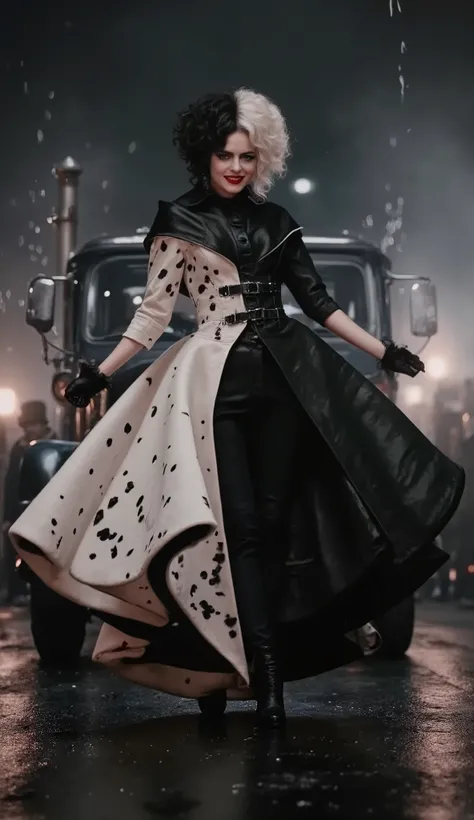 masterpiece, very high quality, A realistic embodiment of eternity, The dramatic fashion scene, The villain's luxurious woman stands on a moving garbage truck, a luxurious ultra-long black and white couture dress hanging behind her, The fabric flowing in t...