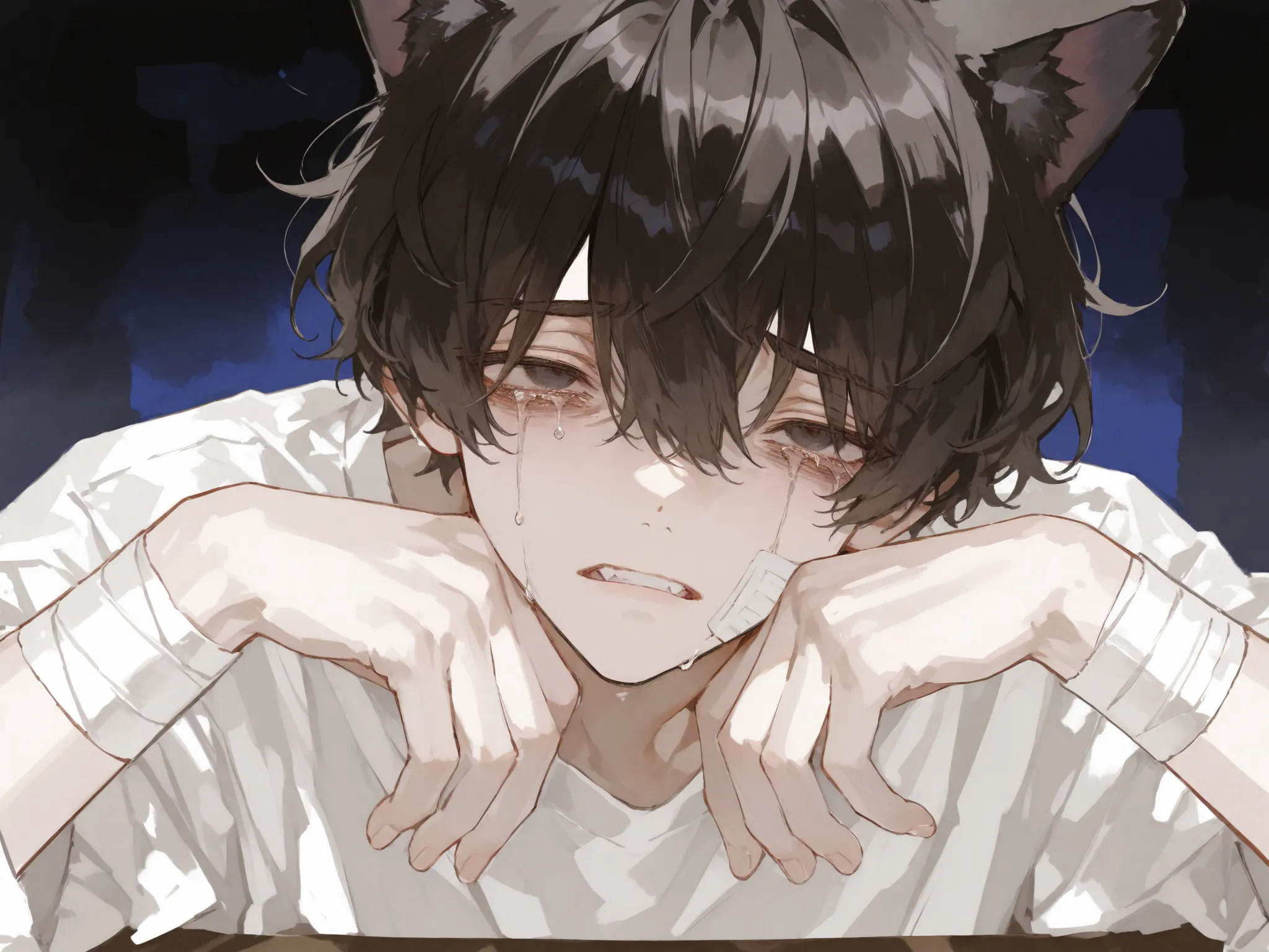 score_9, score_8_consolation, score_7_consolation, solo, watercolor, 1 male, solo , One Man , dark haired , casual mash hair , Curly hair , orange gradation on black eyes , Saggy Eyes , , white clothes , fashionable ,simple ,  arm bandage ,beautiful (maste...