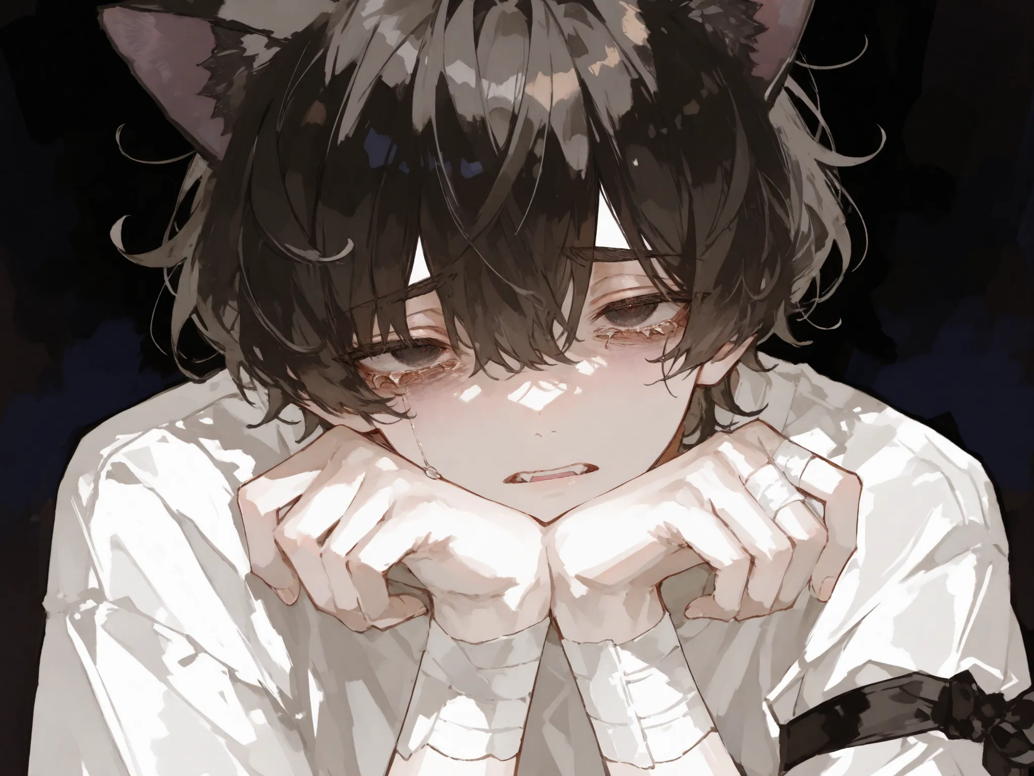score_9, score_8_consolation, score_7_consolation, solo, watercolor, 1 male, solo , One Man , dark haired , casual mash hair , Curly hair , orange gradation on black eyes , Saggy Eyes , , white clothes , fashionable ,simple ,  arm bandage ,beautiful (maste...