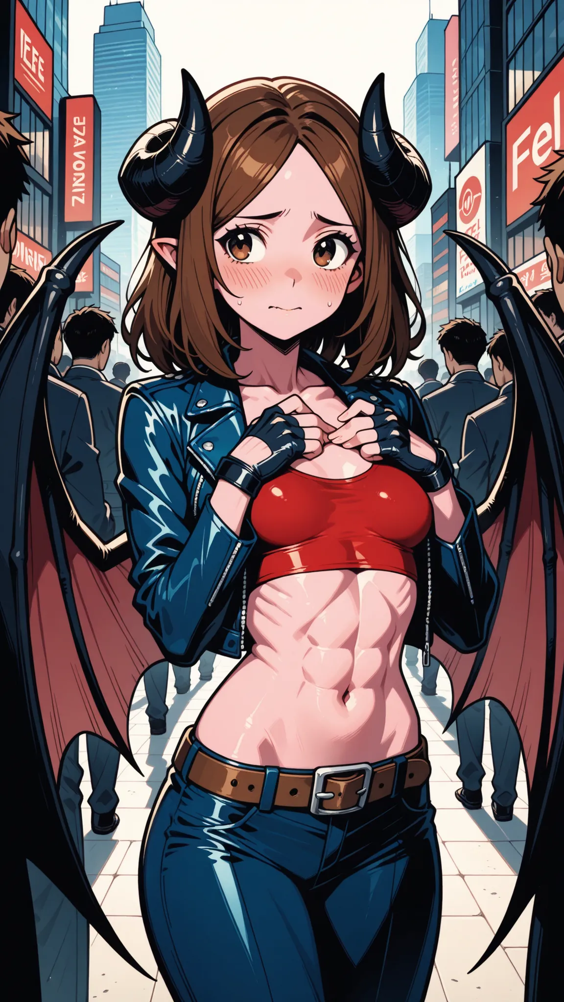 1 woman, demoness, shy devil, long brown hair, middle-parted bangs, black horn, pink skin, brown eyes, medium chest with small breasts, big wings, bat-like wings, wearing blue leather jacket, long sleeves, wearing a tight red crop top, scoop neck, the clot...