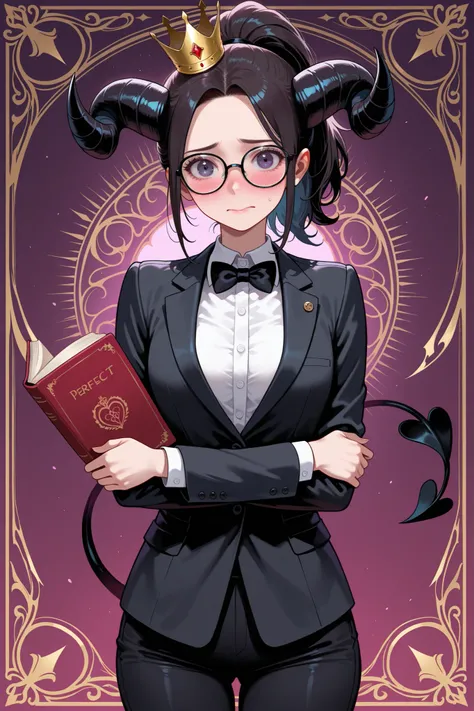 (masterpiece), best quality, (ultra-detailed),(cowboy shot), fantastic,  8K wallpaper, perfect face, perfect anatomy, 1 girl, The Demon girl standing, nerd, shy, blush, dull mood, skinny, large black thick-rimmed glasses, large black jacket, white shirt, b...