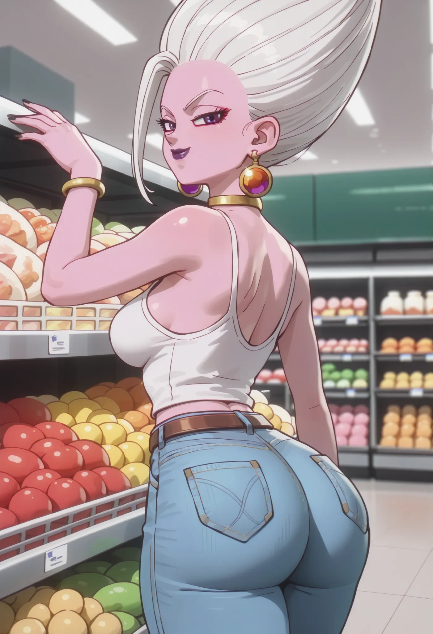 score_9 , score_8_up , score_7_up,, cowboy shot, eyeliner, from behind, back view,, r1vals. Woman buying fruits and vegetables at the market ,a woman  shopping through the fresh produce section of a large supermarket while doing her grocery shopping. woman...