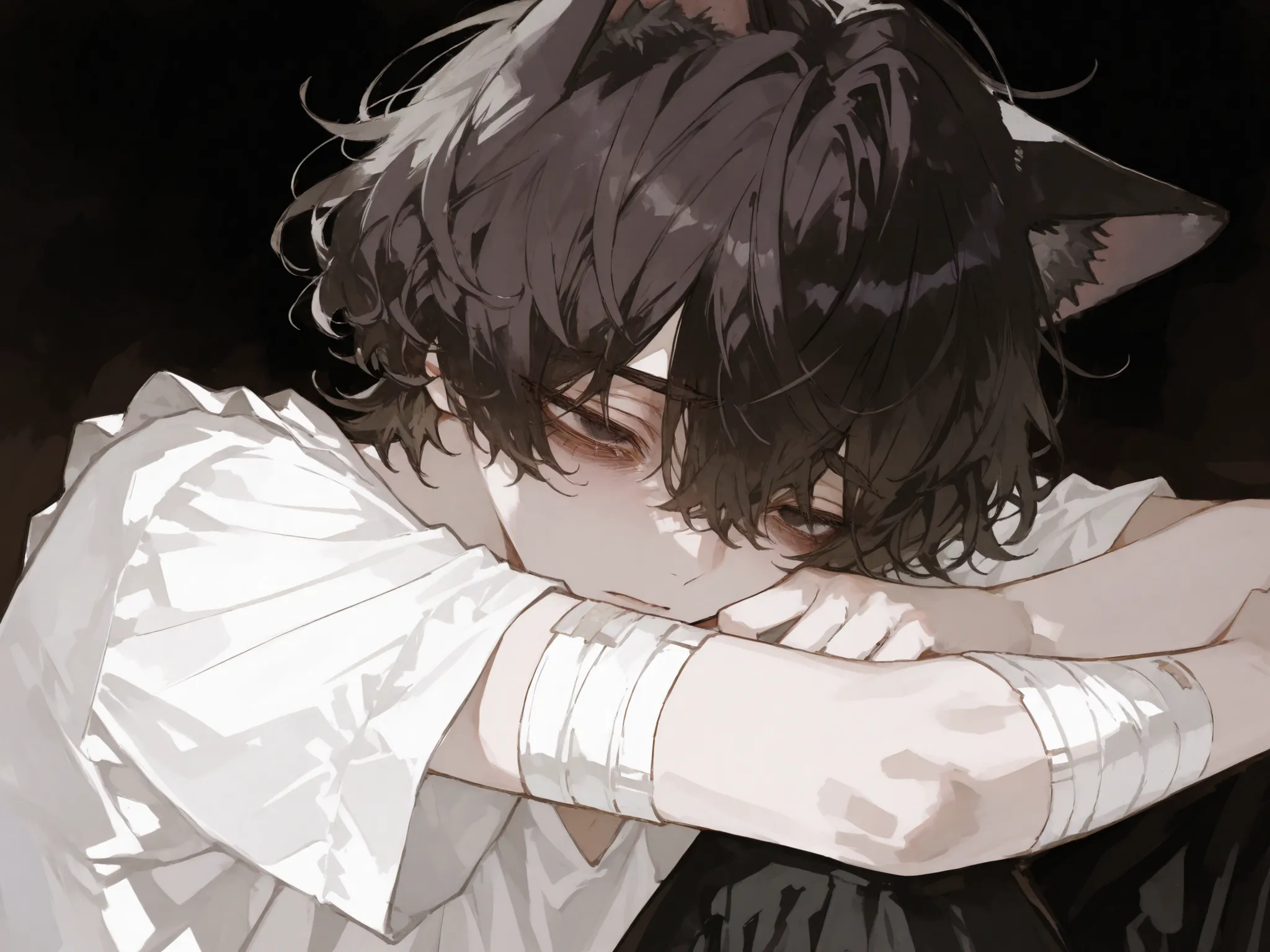 score_9, score_8_consolation, score_7_consolation, solo, watercolor, 1 male, solo , One Man , dark haired , casual mash hair , Curly hair , orange gradation on black eyes , Saggy Eyes , , white clothes , fashionable ,simple ,  arm bandage ,beautiful (maste...