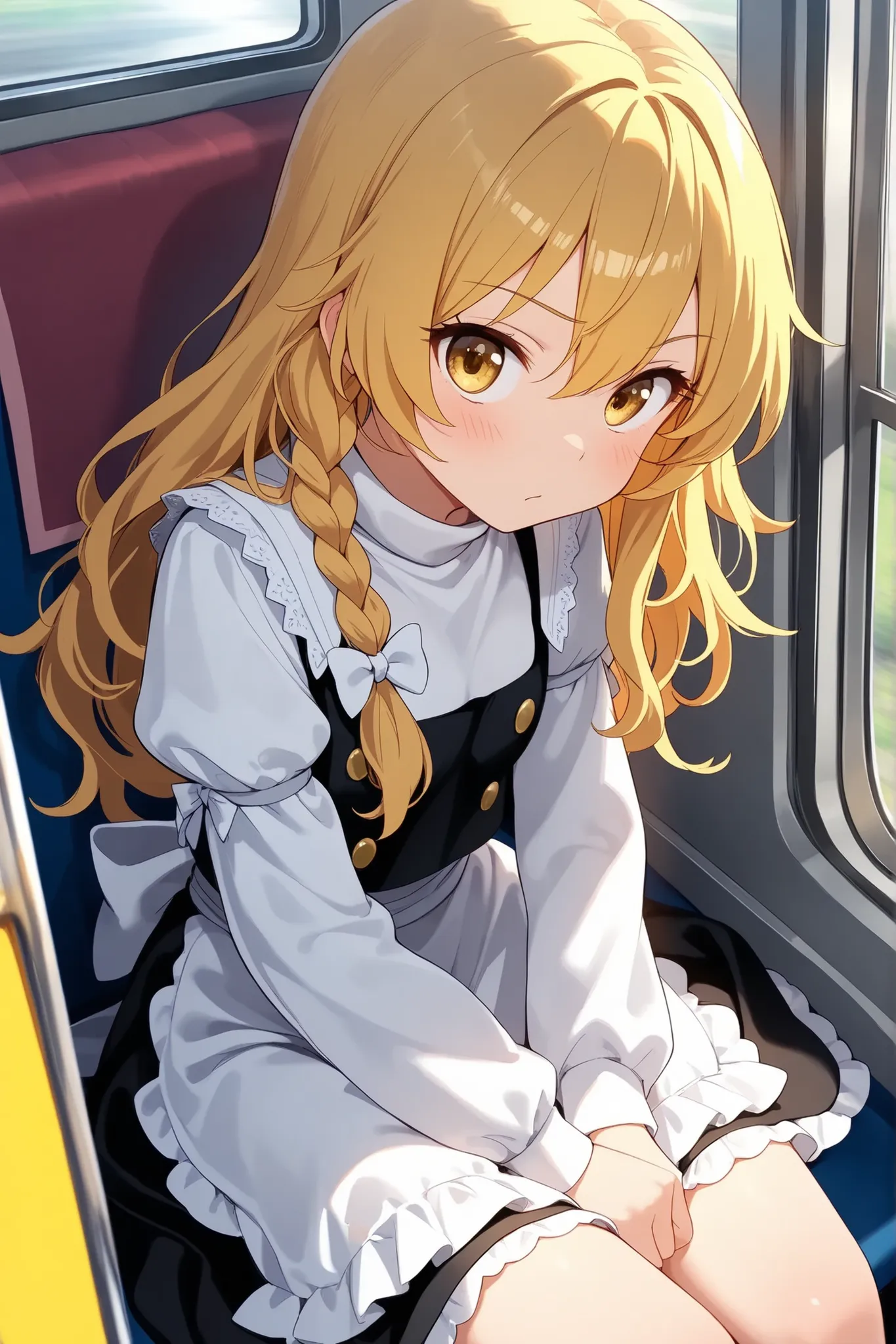(Quality, 4k, A High Resolution, Masterpiece), Marisa Kirisame, blonde hair, long hair, side braid, golden eyes, white long-sleeved shirt, sitting in the seats of a bus