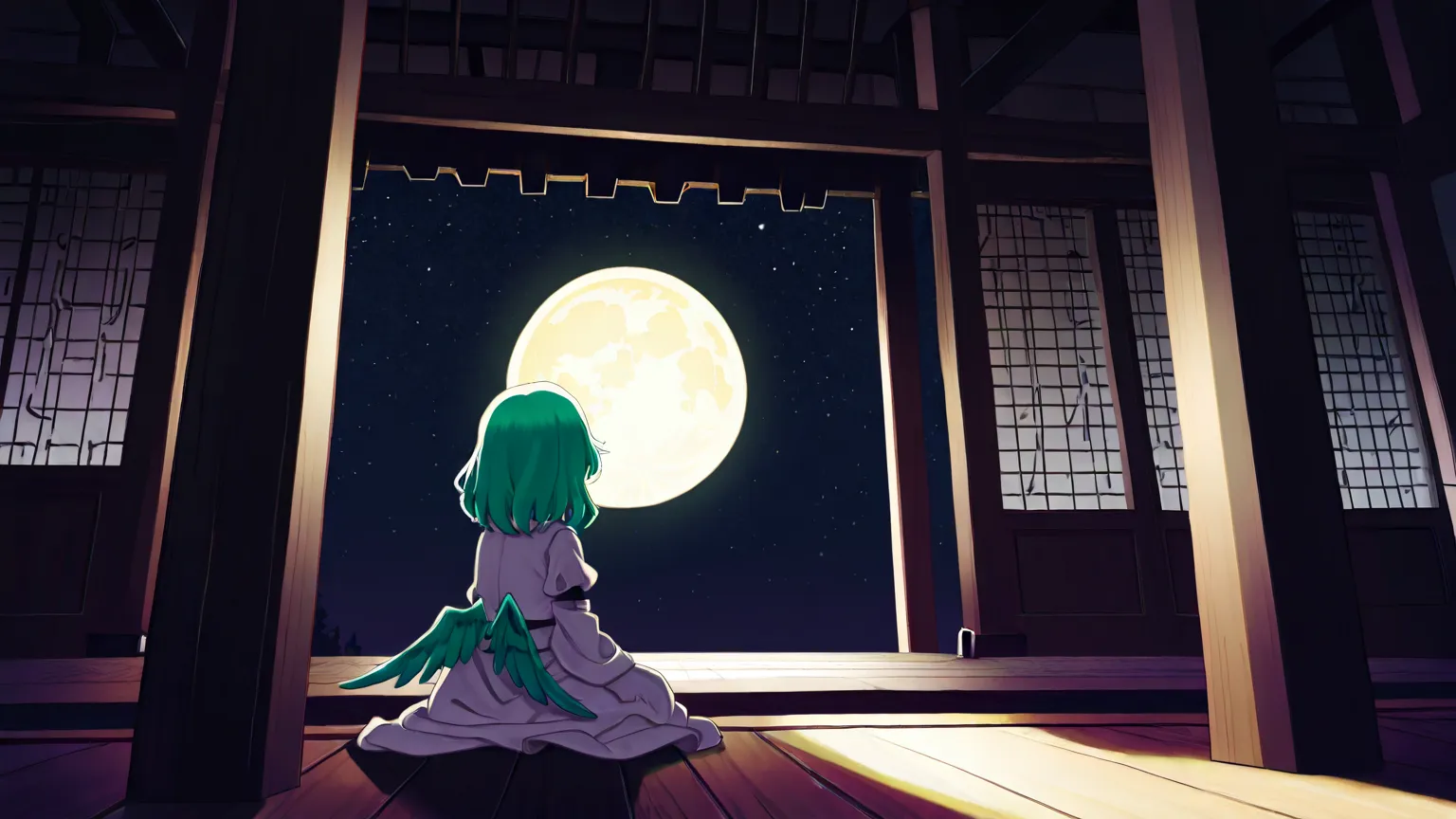 An illustration by Marisa Kirisame (Touhou Project) sitting inside a temple, gazing at the night sky. The sky is dotted with bright stars and a nearly full moon bathes the scene in silvery light. Touhou fairies flutter playfully in the air, creating a magical and serene atmosphere. The temple is illuminated only by moonlight, highlighting its traditional details.