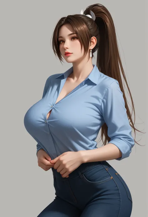 Japanese beautiful girl,  huge breasts  . grey background,  
 mai shiranui, ponytail  , made a playful expression. , 
 , dark jeans, earrings,working shirt, office shirt
,