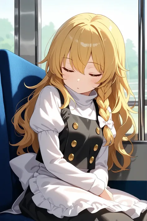 (Quality, 4k, A High Resolution, Masterpiece), Marisa Kirisame, blonde hair, long hair, side braid, golden eyes, white long-sleeved shirt, sleeping, sitting in the seats of a bus