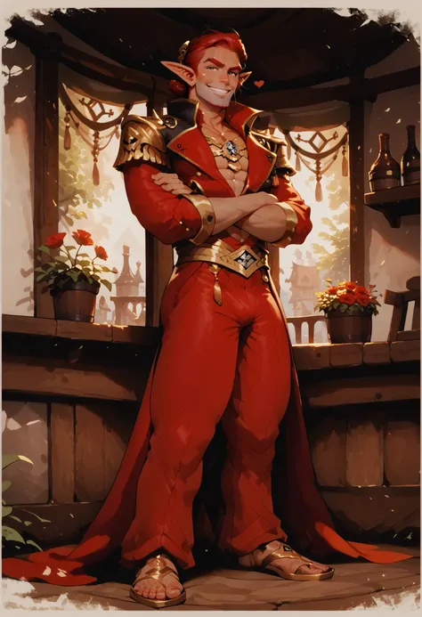 (masterpiece, best quality:1.2), highly detailed, solo, 1 man, mature man, full body , male elf, red hair, athletic body, tan skin, pirate clothes, armed with silver rapier, smug grim smile, amazing tavern background, fan art, 
