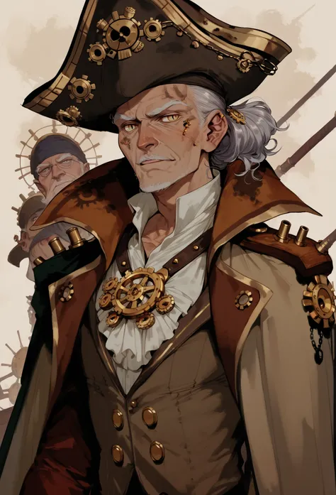 Grey hair, old man, steampunk esthetic, Slit Pupils, pirate theme,