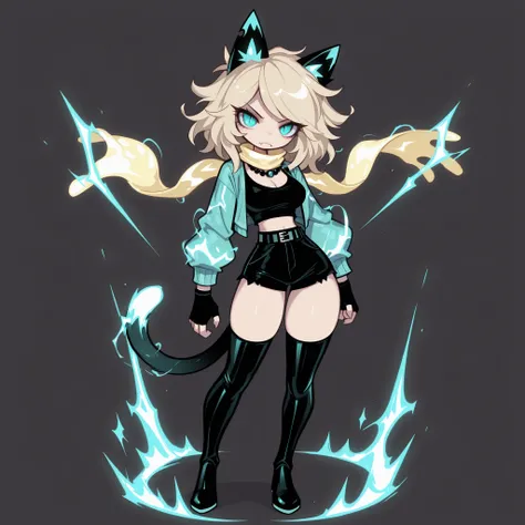 masterpiece, ultra-HD, impressionism, high detail, best quality, very aesthetic, 8k, best quality, beautiful, CartoonyIllustrious, 1girl, solo, short messy blonde hair, turquoise eyes, slit pupils, cat ears, cat tail, sharp fangs, medium breasts, narrow wa...