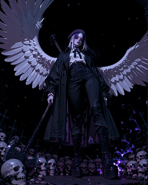 ((low angle)) Pale skin goth girl, long bicolor hair, purple beret, black coat, gothic makeup, elegant white shirt , men's black pants , platform boots, very long and stylized legs, huge white wings, pose dinámica, holds a fire axe, skulls and roses on t...
