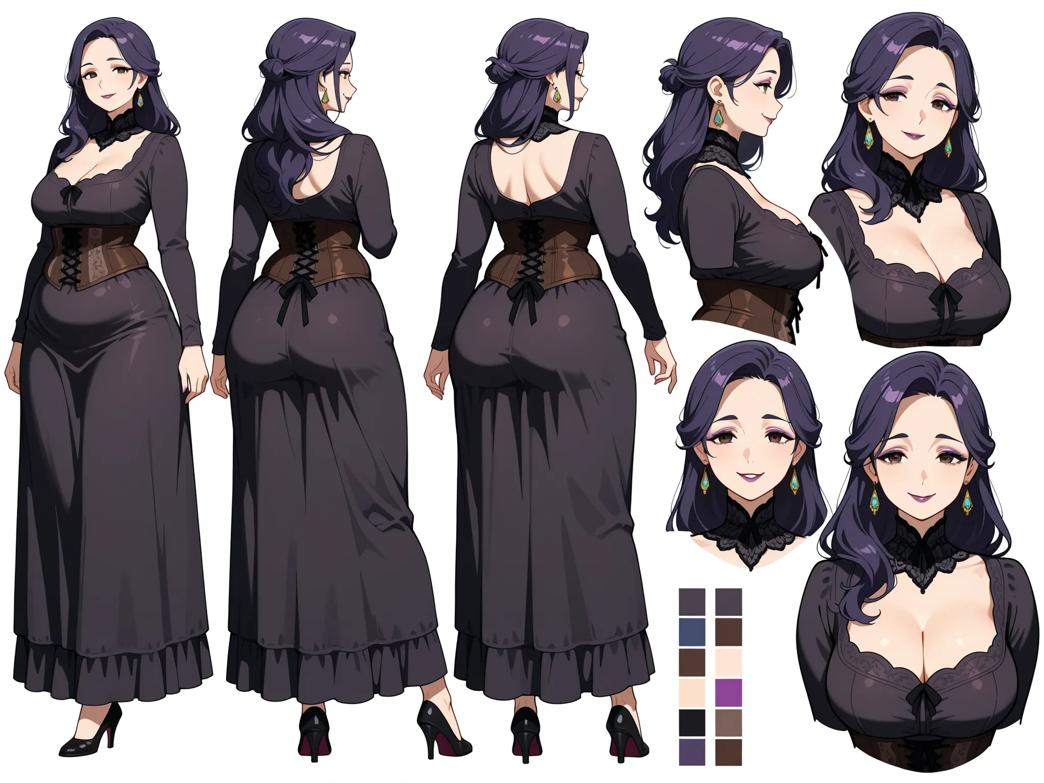 Masterpiece, best quality, character design sheet, ((mature goth woman)), clean lineart, multiple poses, makeup:0.7, loose hairstyle, hazel eyes, long hair, dark violet hair, white background, plump curvy figure, color palette swatches, front view, side vi...