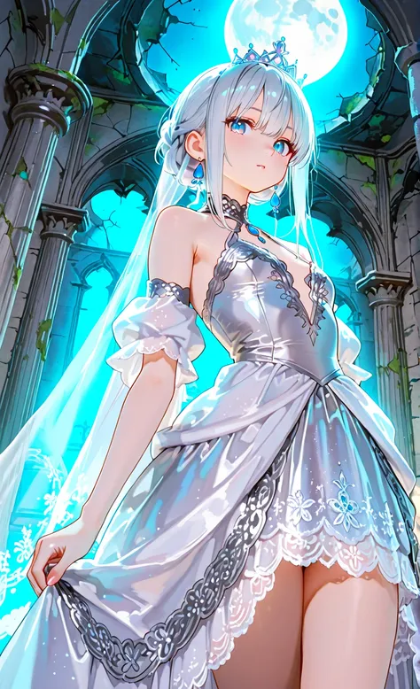 Anime-style small and cute princess with childlike proportions, large head and big expressive eyes, petite and slender body, looking confidently and directly at the viewer. She has soft silver hair with fine strands, wearing a delicate ornate crown sparkling under gentle moonlight. Her elegant royal gown has detailed lace and embroidery but designed to fit her small, youthful figure. She stands proudly in a heavily ruined castle hall with crumbling stone pillars and cracked moss-covered walls, broken ceiling revealing a bright full moon casting soft moonlight shadows. The image is a 3/4 body low-angle shot emphasizing her small stature and youthful charm, with vibrant colors, soft painterly textures, and cinematic lighting. Her skin is smooth, glowing, and has a glossy, slightly reflective sheen that highlights her youthful radiance. The artwork features crisp, clean line art with slightly enhanced sharpness to emphasize details while maintaining a gentle, semi-realistic anime style. The mood is mystical and regal but youthful and adorable.

