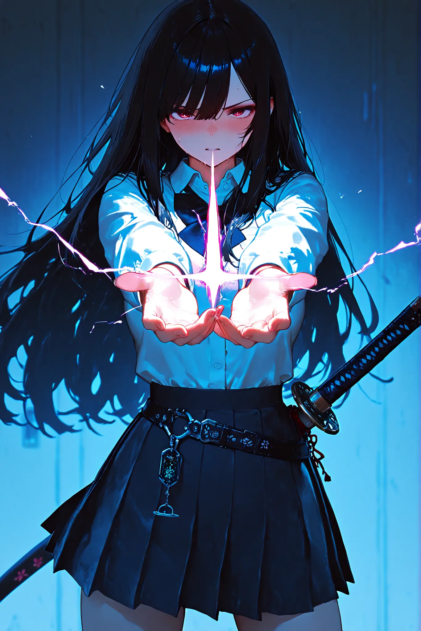 masterpiece,best quality,amazing quality
,very aesthetic,newest,hyper-detailed,niji style,1girl,slender,black long hair,school uniform,waste belt with wakizashi,katana,5fingers,chanting electric magic,front view,bosstyle
