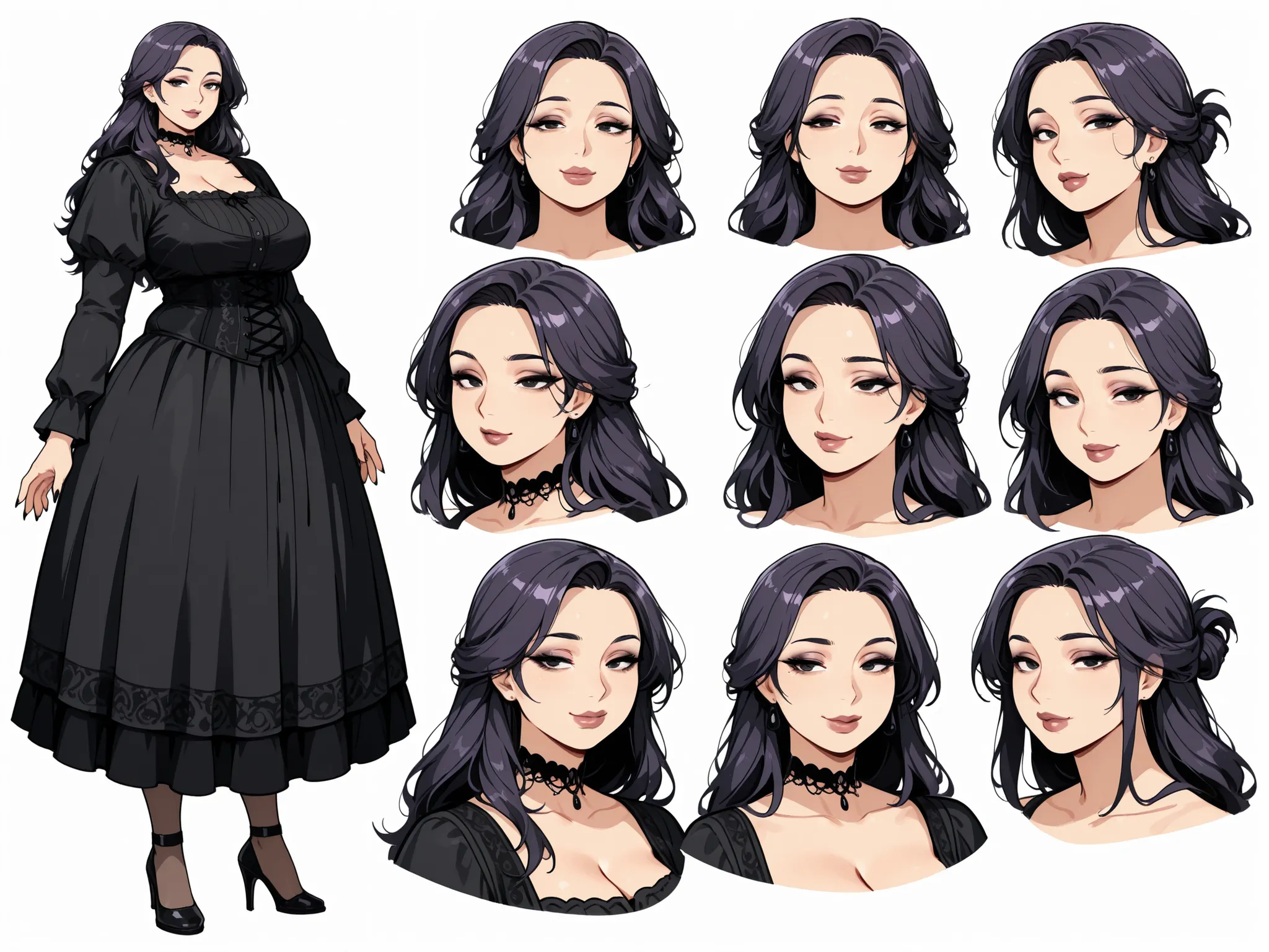 masterpiece, best quality, character design sheet, clean lineart, ((mature goth woman)), gothic fashion, thick lips:0.7, loose hairstyle, long hair, plump curvy figure, hazel eyes, sultry, seductive, milf, long lashes, makeup:0.7, eye smile, condescending,...