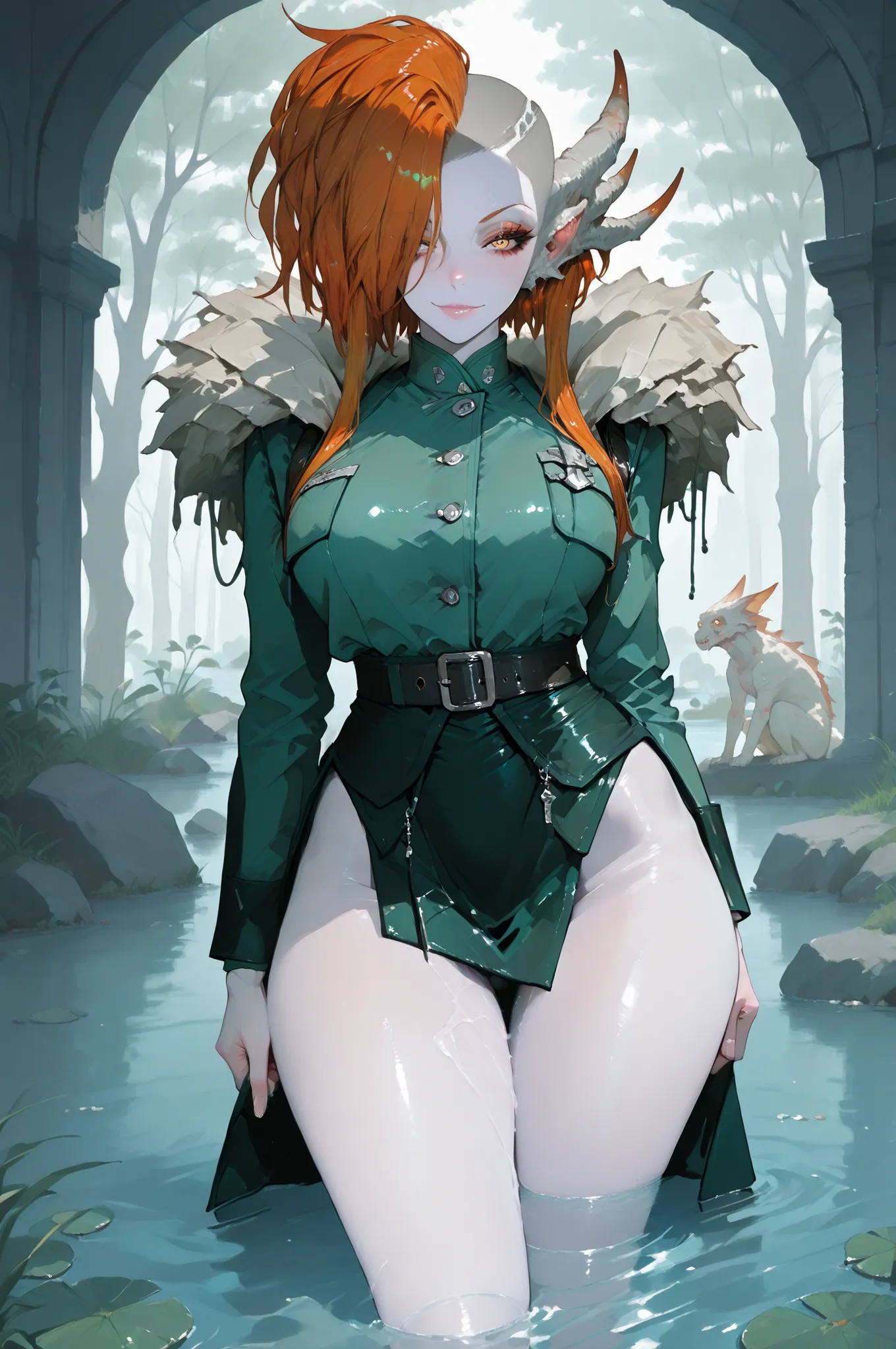 masterpiece, best quality, amazing quality, very aesthetic, high resolution, very aesthetic, hyper-detailed,rating_explicit, fan art, nsfw, mature beautiful woman, two-head monster girl, ginger hair, mohawk haircut, medium breasts, wide hips, pale skin,ful...