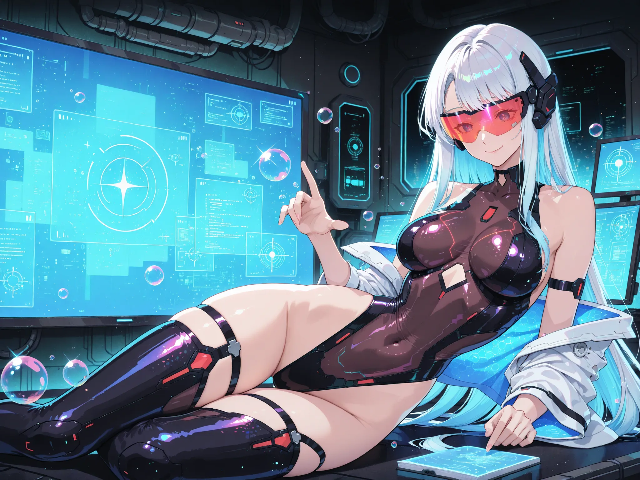 1 girl, alone, very long hair, white hair, closed mouth, smile, head-mounted visor, monitor,  dark, blanking, deep. stunningly beautiful holographic AI assistant, shines in futuristic shades of blue and silver, Slick and sophisticated,  stylish , form-fitt...