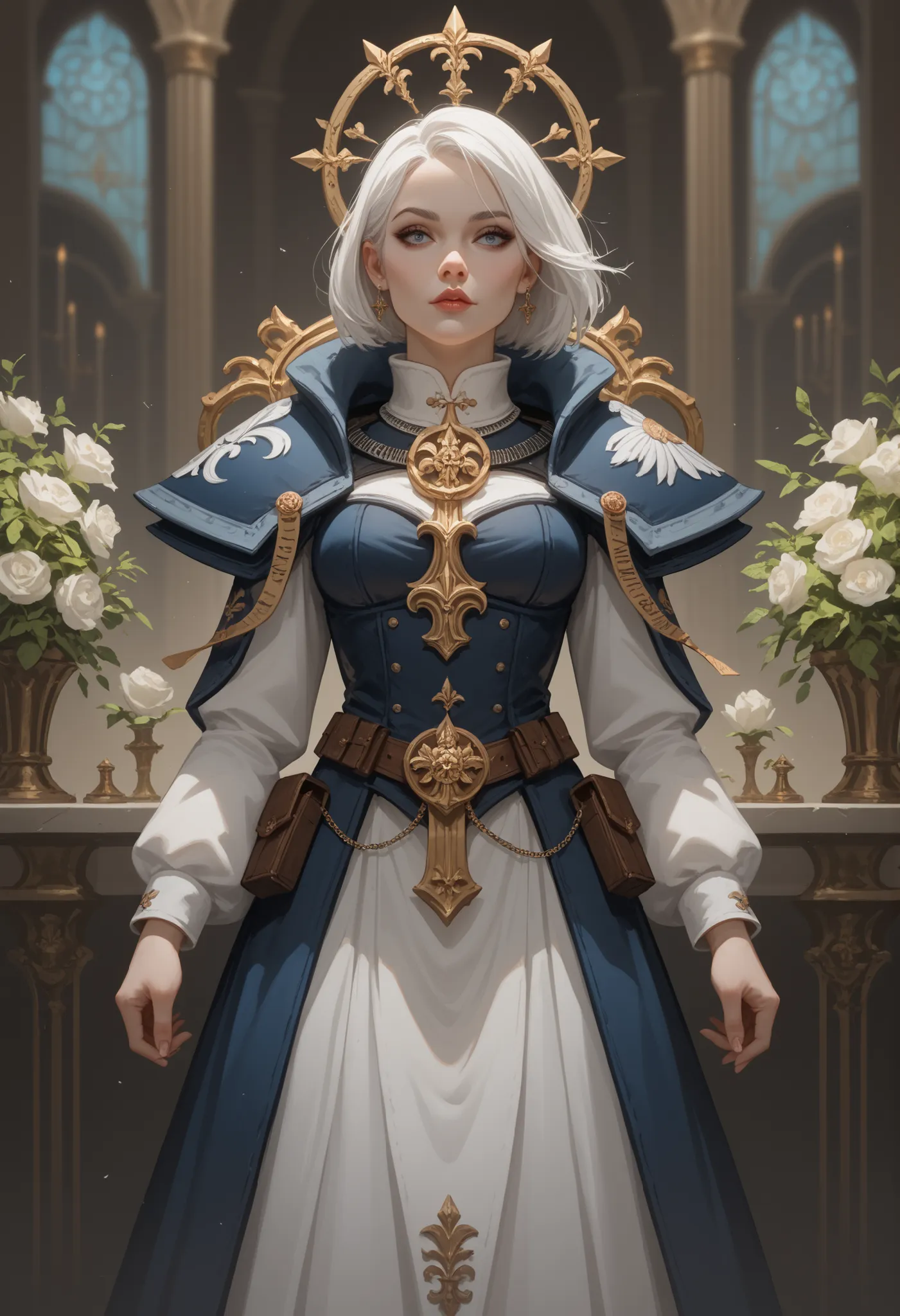 High quality, Masterpiece, Absurd res, physically-based rendering, Adepta Sororitas, Order Sabine, Order Famulous, Sister Sabine, Shielded robes, Chaplet Ecclesiasticus around the waist, Fleur de Lys, White hair, (Solo)