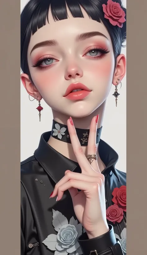 Fotografía digital 8K, complex, elegant, very detailed, majestic, Face portrait of a pale skin girl , black hair cut bob, thin lips with red lipstick, He has no eyes or nose, Only her lips, nose piercing, bottom: black roses, red roses and purple.