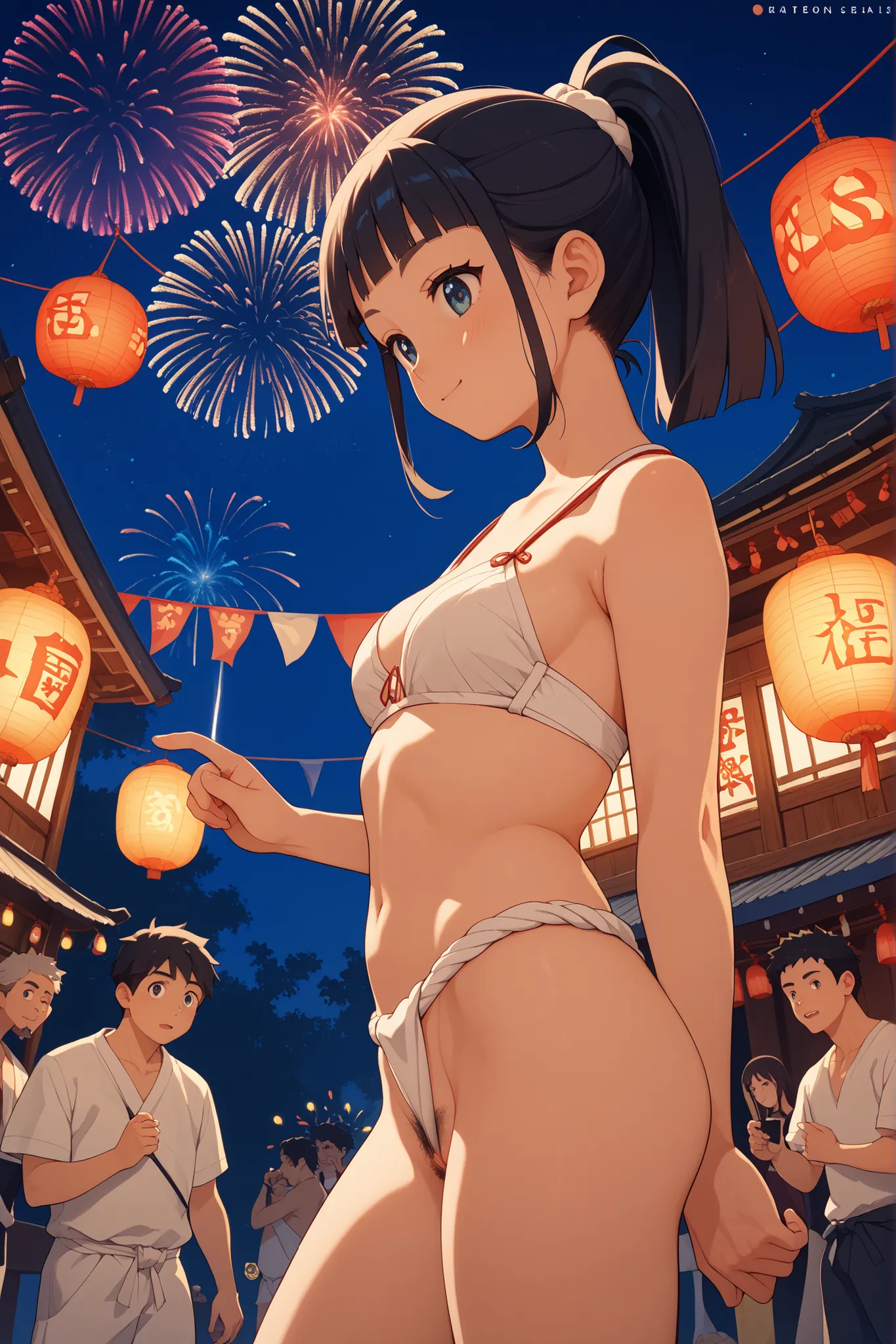  fundoshi, mawashi, sumo,best quality, very aesthetic,20-year-old female,fundoshi, {{Wearing a tube top bra}}, happi,dark haired,ponytail,It's wrapped in hachimaki,from front,pubic hair,lower hip,nsfw, subtle erotic tension, outdoor night setting with lant...