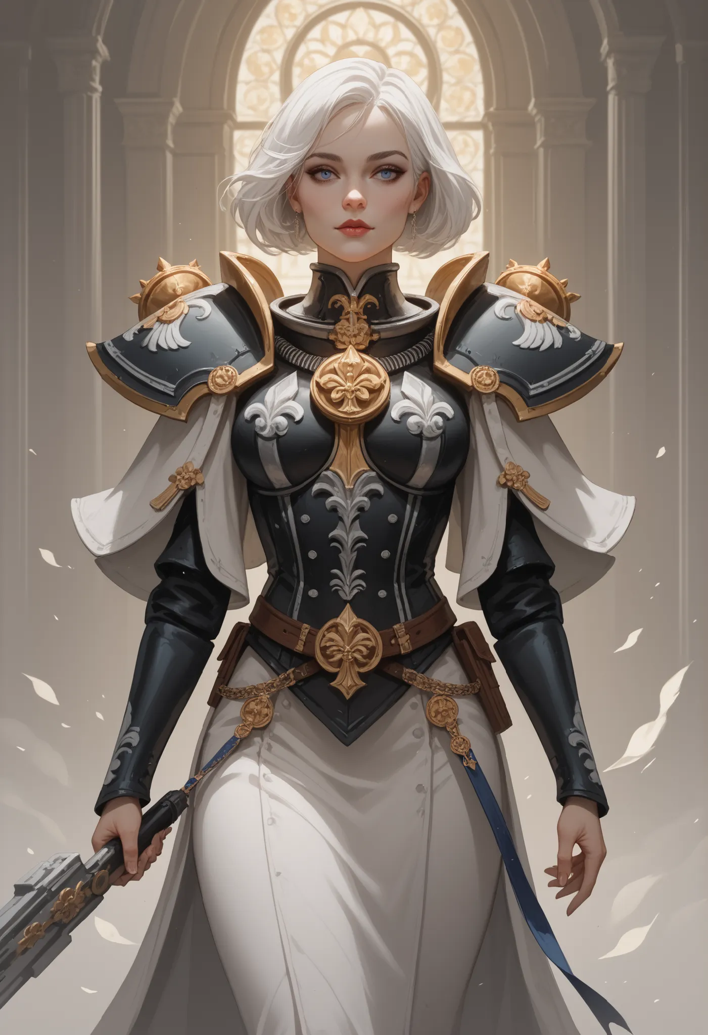 High quality, Masterpiece, Absurd res, physically-based rendering, Adepta Sororitas, Order Sabine, Order Famulous, Sister Sabine, Shielded robes, Chaplet Ecclesiasticus around the waist, Fleur de Lys, White hair, (Solo)