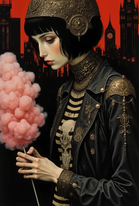 (( profile side )) Pale skin girl in a black leather jacket, t-shirt with strips and skull printed, short black, long and stylish legs , He's wearing a 1920s-style helmet, he's holding cotton candy.