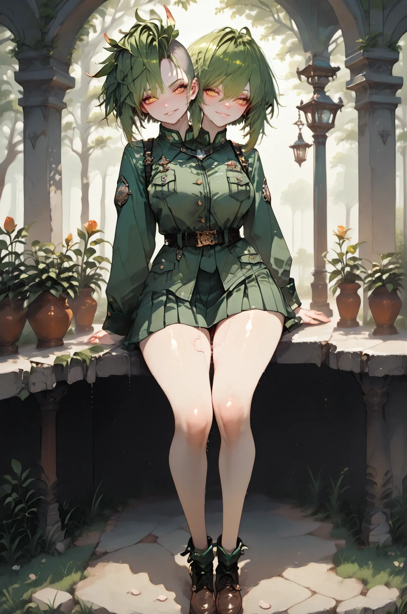 masterpiece, best quality, amazing quality, very aesthetic, high resolution, hyper-detailed,rating_explicit, fan art, nsfw, mature beautiful woman, two-head figure, ginger hair, mohawk haircut, medium breasts, wide hips, pale skin,full body, sensual green ...