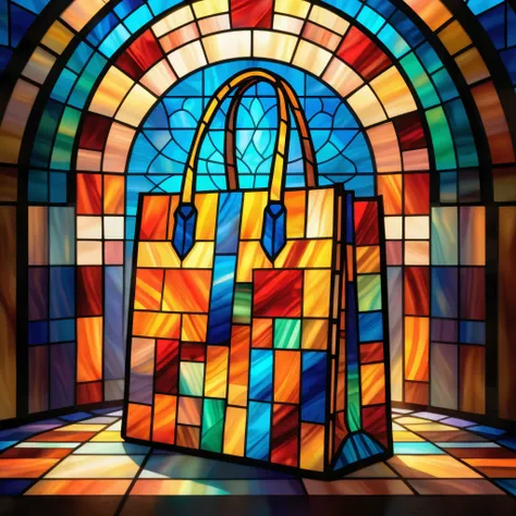 Stained-glass style illustration of a (shopping bag) in a colorful, full-color image. The (shopping bag) is intricately drawn in shades of brown, pink, and white, like a mosaic, creating a vivid, artistic effect. The background depicts a stained-glass (roo...