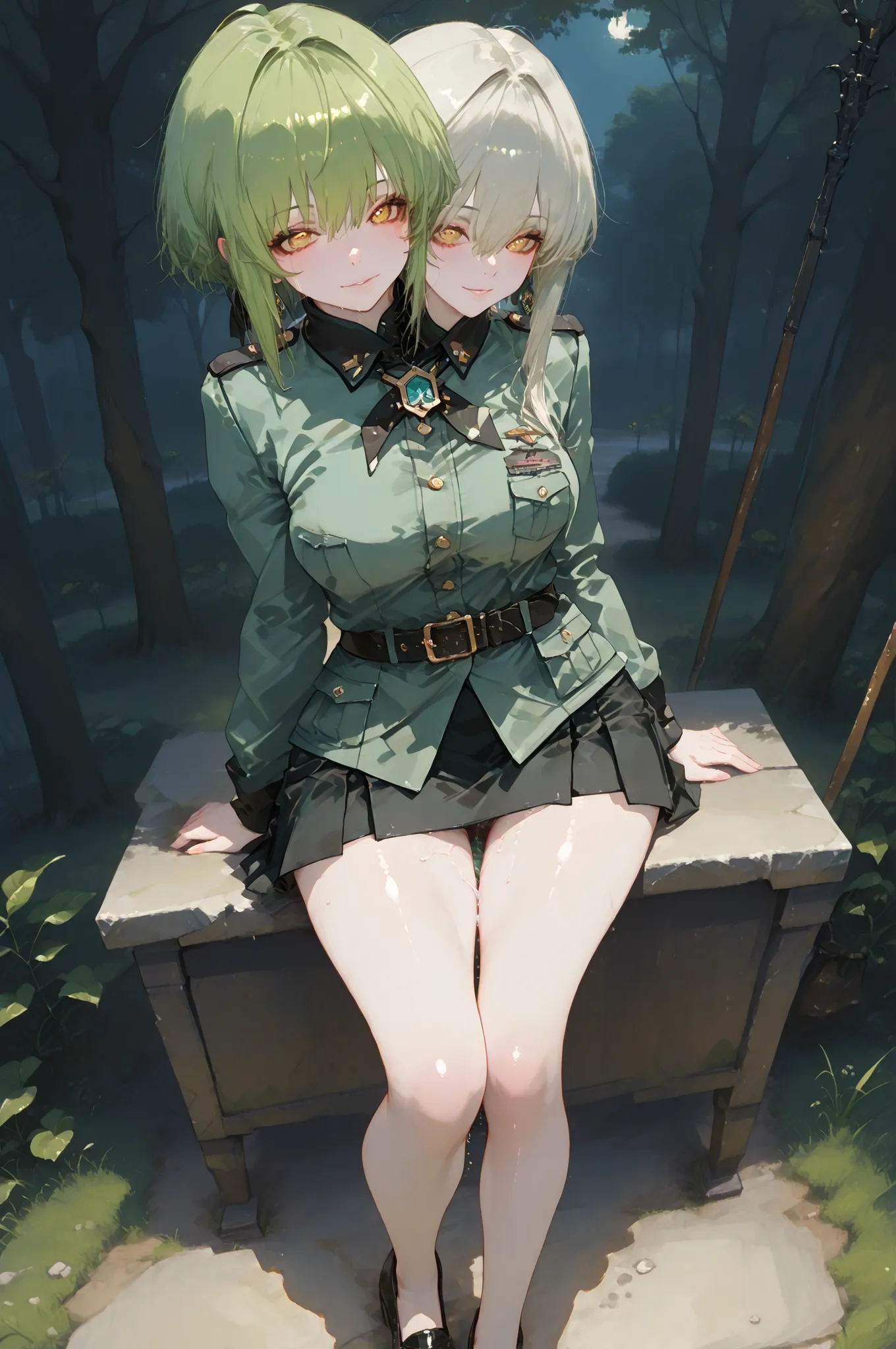 masterpiece, best quality, amazing quality, very aesthetic, high resolution, hyper-detailed,rating_explicit, fan art, nsfw, mature beautiful woman, two-head figure, ginger hair, mohawk haircut, medium breasts, wide hips, pale skin,full body, sensual green ...