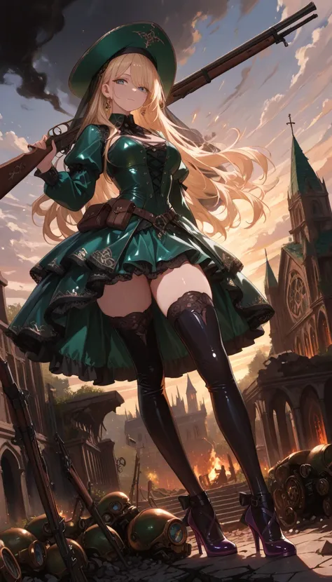  Isselee, blonde hair, long hair, blind hold,blue eyes, mole, Green and black dress, gothic dress, Green hat, gothic hat, veil, black lace, black thighhighs, purple high heels,masterpiece, detailed:1.2,top quality, very beautiful, high contrast, semi-realistic, Newest,balancing ,violet aura,standing crossed legs,high angle,shiny skin,shiny ,score_9 , score_8_up , score_7_up ,shiny clothes,outfit Intricate texture,skirt half lift, outdoors, cloudy sky, at dusk, ruins, ((((holding musket,weapon over shoulder)))), standing,contrapposto,looking at viewer, dutch angle, stairs, church, ((high quality,beautiful,best quality, masterpiece,)),,,score_9, score_8_up, score_7_up,

Broken Streetscapes,doomsday,medieval europe,ruins,fire,black smoke,alien invasion,steampunk,Machine with three legs,tripod,The War of the Worlds,(best quality, amazing quality, masterpiece, hyper-detailed, absurd, absolute resolution, very aesthetic,8K,ultra-fine illustration, perfect anatomy