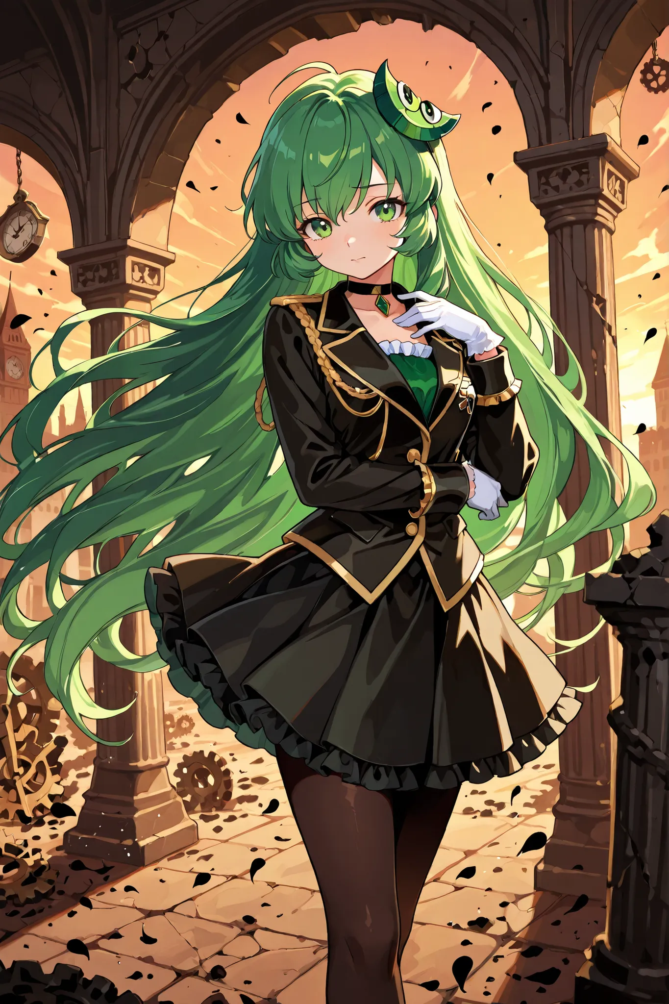 top quality, masterpiece, Ultimate Level of Detail Vannamelon, noble, noble girl, long hair, Green Hair, green eyes, elegant black and gold military uniform, skirt, pantyhose, Lace Embellished , frills, choker, white gloves, Aristocrat Standing, Proud Expr...